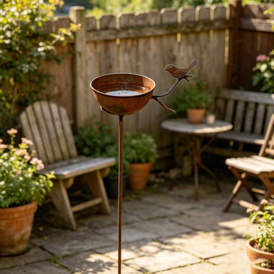 Metal Bird Bath for Outside, Rusty Rain Catcher Garden Stake, Vintage Free Standing Bird Feeder And Bath Bowl for Lawn, Yard, Patio Decor