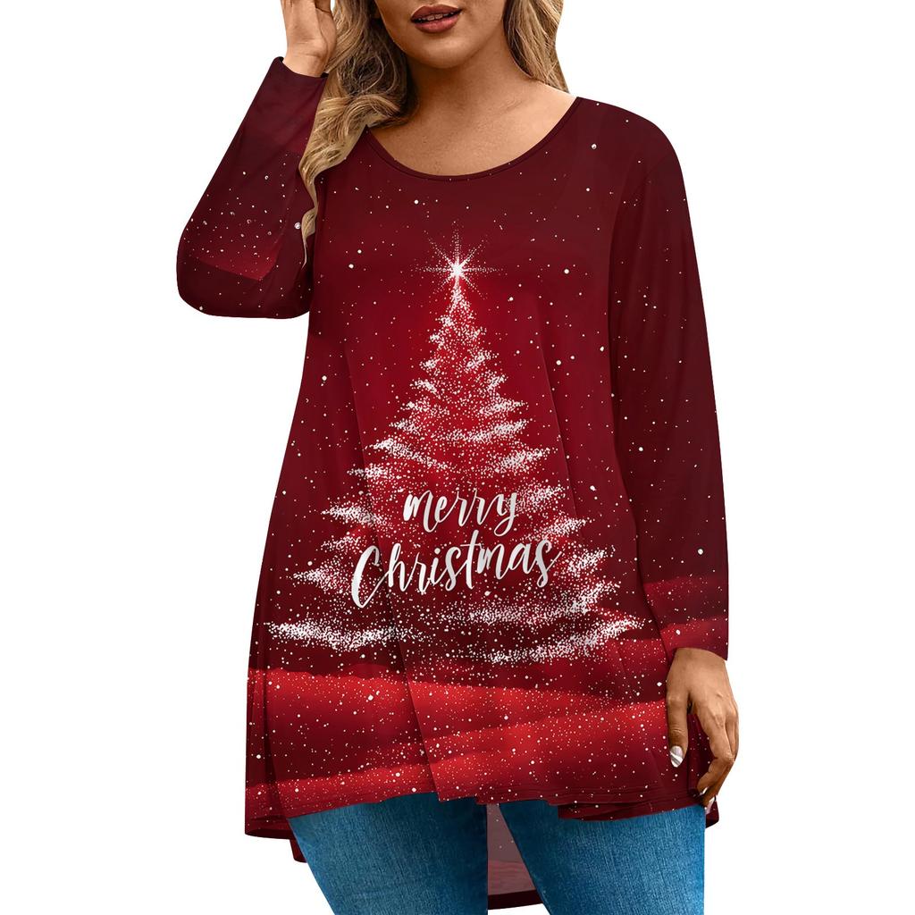 Women's Fashion Large Size Round Neck Long Sleeve Casual Christmas Print Loose Pullover Top