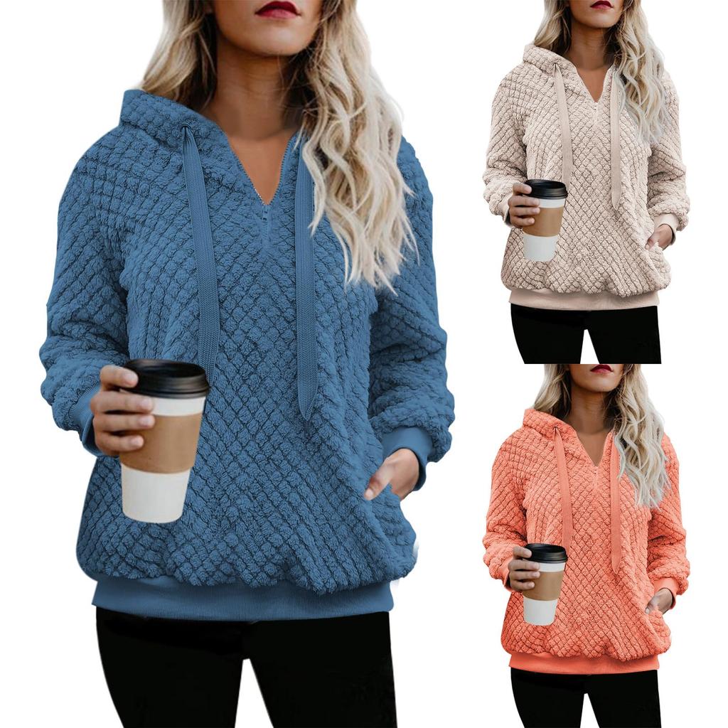Womens Oversized Fuzzy Hoodie Double Fleece Sweatshirts Plaid Outerwear