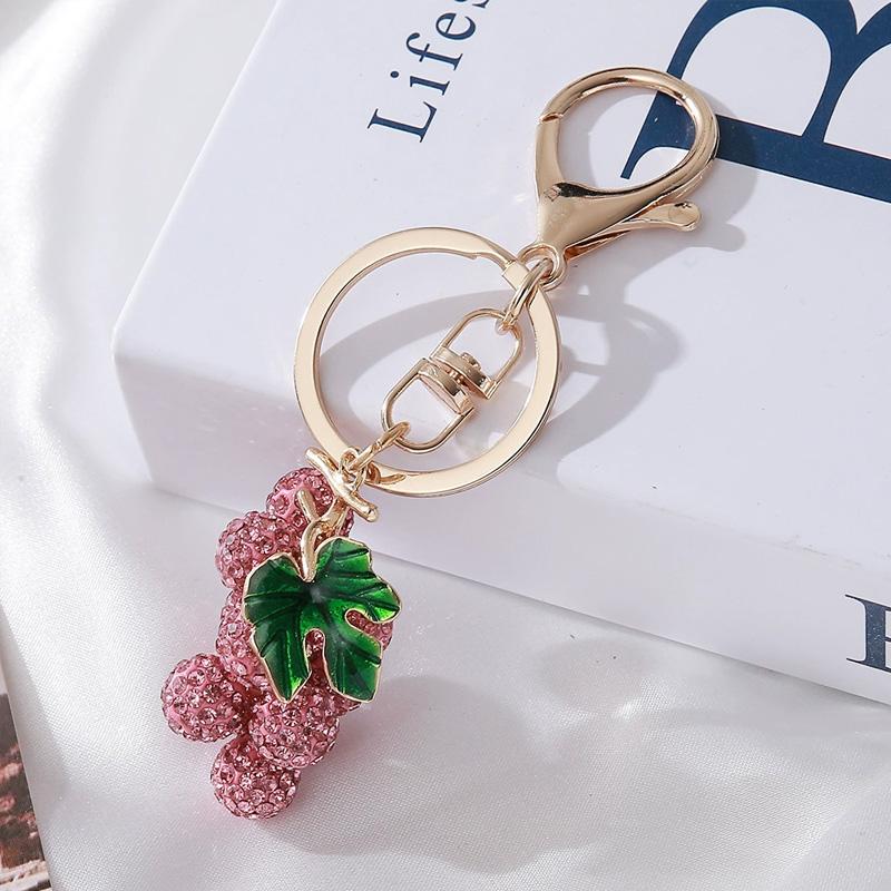 

1 шт. Маленький кулон с листьями Виноград Брелок для женщин девочек Полностью стразы Милый брелок для ключей автомобиля Подвеска для сумки Имитация фруктов розовый