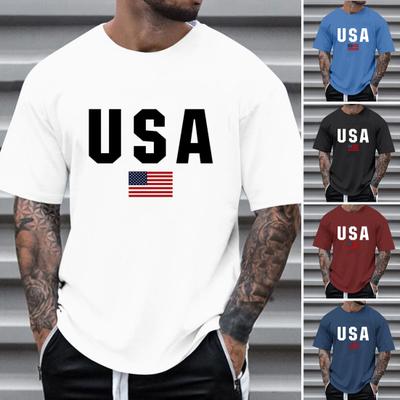 Men T-shirt Round Neck Short Sleeve Slim Fit Tee Shirt USA Pattern Versatile Tee Tops Running Fitness Tops Daily Wear