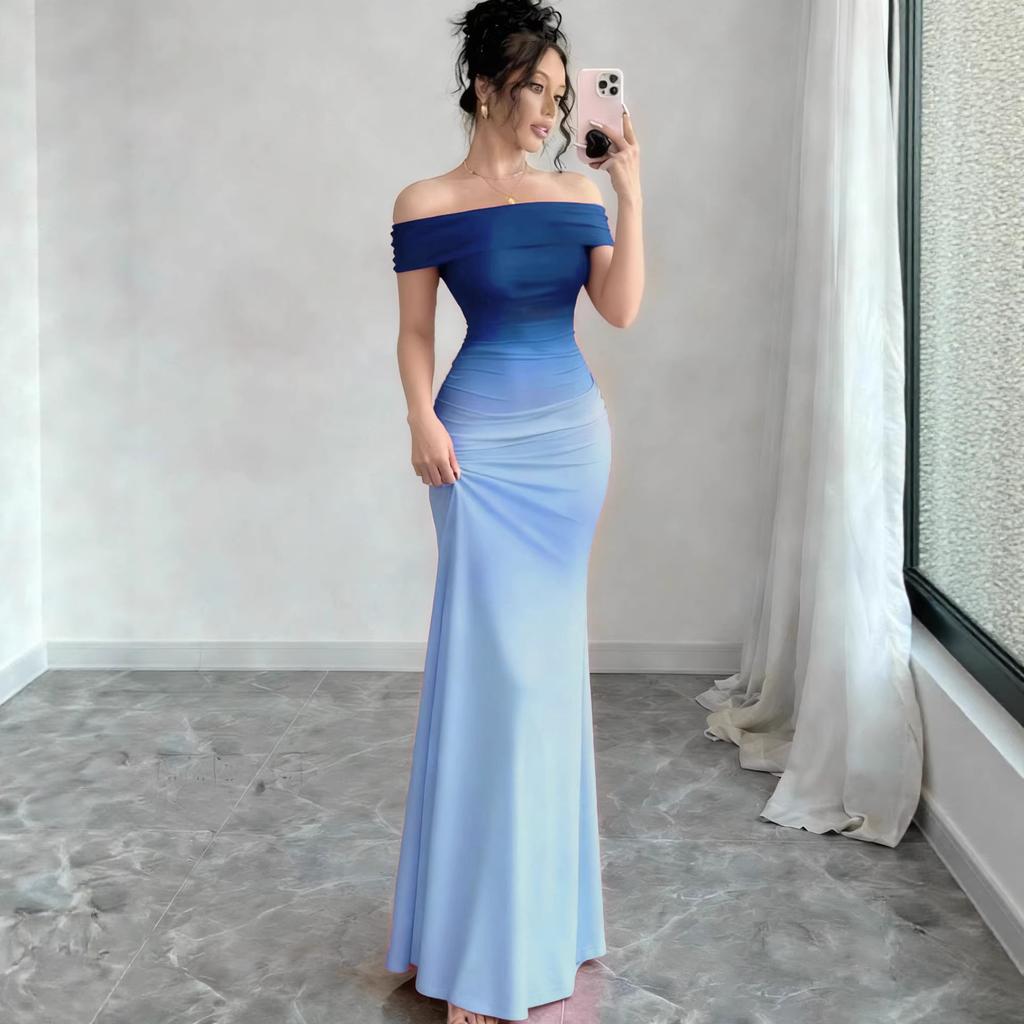 Amazon 2026 grenzüberschreitender europäischer und amerikanischer Außenhandel neue Mode kurzärmlig Farbverlauf One-Shoulder-Kragen Hüftrock langes Kleid