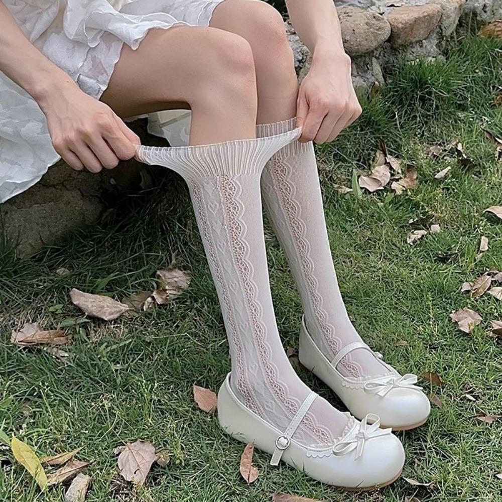 Japanese Pure Desire White Lace Calf Socks Women's Middle Tube Love Summer Thin Simple Thin Legs Ins Tide Outer Wear