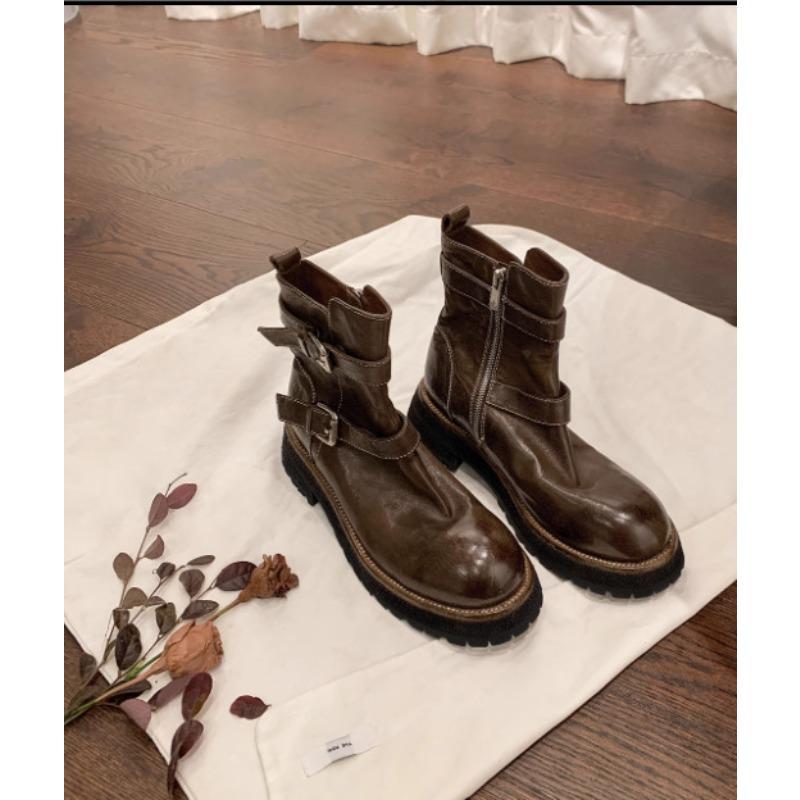 Washed cowhide leather retro short boots women's versatile and thin locomotive boots thick heel belt buckle Martin boots