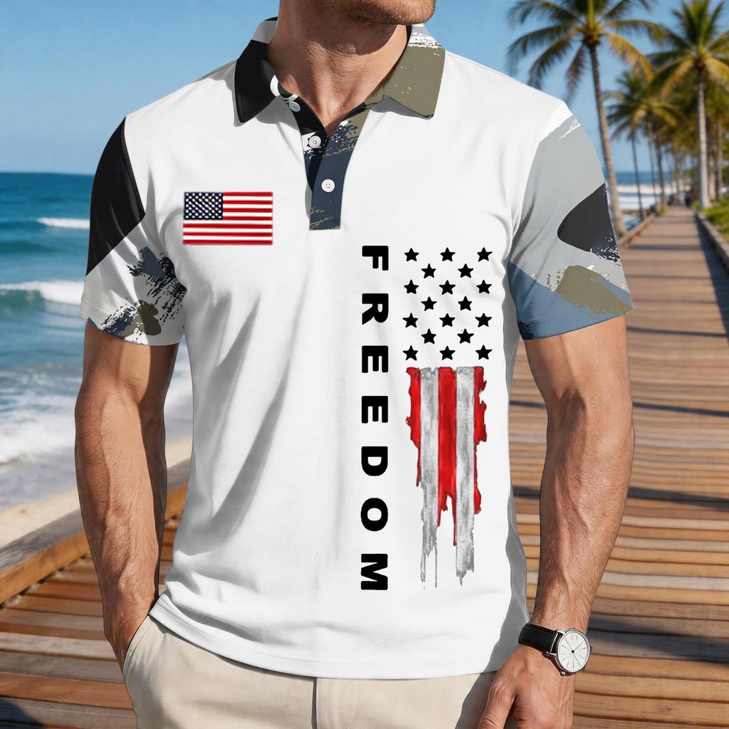 Men's Loose Fit Casual Short Sleeve Polo Shirt with Flag Print and FREEDOM Text Pattern Lightweight Breathable Summer Top