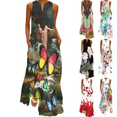 Women's Summer Maxi Dress, Ladies Casual Loose Maxi Skirt Sleeveless Floral Print Beach Maxi Dress With Pockets Pleated Dress Cotton Dress Beach Dress