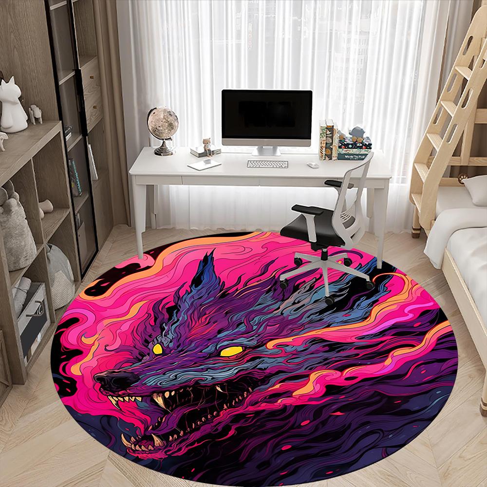 1PC Psychedelic Wolf Lava Office Round Area Rug, Mat Suitable For Office, Under Office Chairs Bedroom Living Room Home Decor, Room Deco