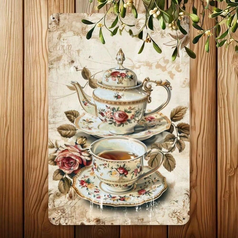 Vintage Rose Cup Metal Wall Poster 8x12 Inch Cafe Decor Gift