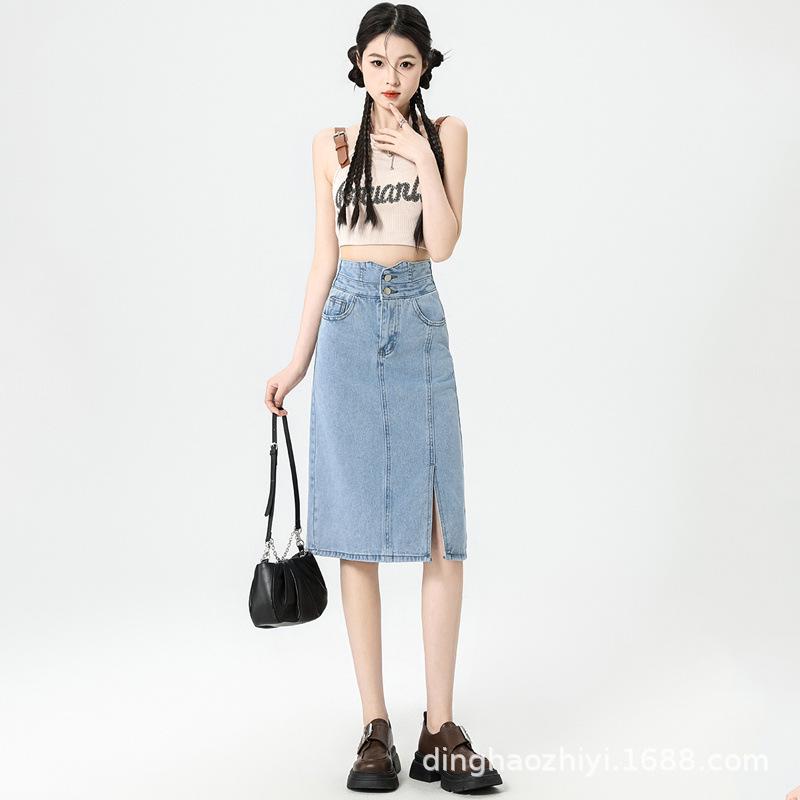 Fustă Denim cu Talie Înaltă pentru Femei În Primăvară și Vară Nouă Versatilă Slim și cu Șliț Dreaptă Fustă pe Șold Fustă A-line de Lungime Medie