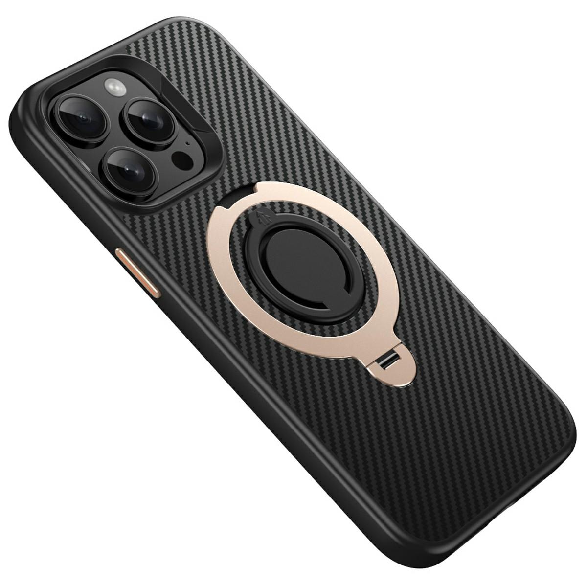 

Чехол для iPhone 13 Pro, совместимый с MagSafe, подставка, задняя крышка из ПК+ТПУ с текстурой углеродного волокна, с силиконовым кольцом Gold