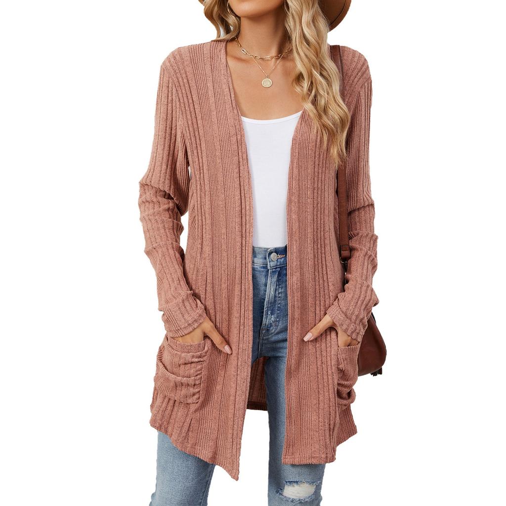 Autumn and Winter New Pit Stripes Long-sleeved Pockets Casual Solid Color Cardigan Jacket Long Cardigan Women Tops Kawaii Sweater