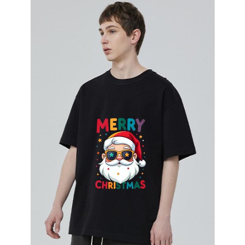Merry Christmas Santa Claus T Shirt Black Color with Cartoon Santa Wearing Sunglasses and Stars Print for Holiday Party and Festive Season