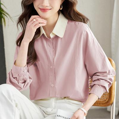 Reine Baumwolle Langarmshirt Damen Frühling Neu Kontrastkragen Hemd