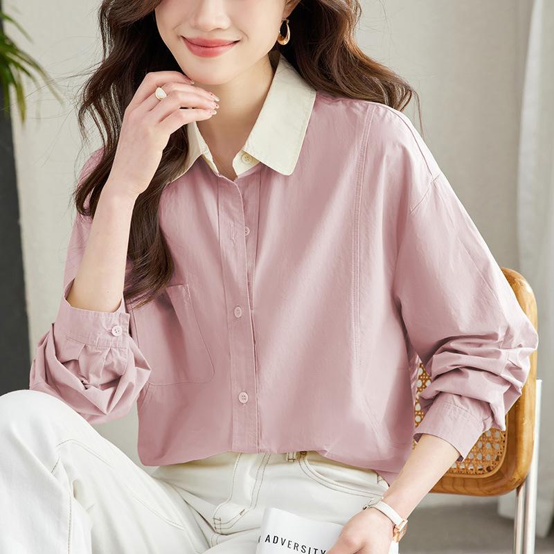 Pure Cotton Long-sleeved Shirt Women's Spring New Contrasting Collar Shirt
