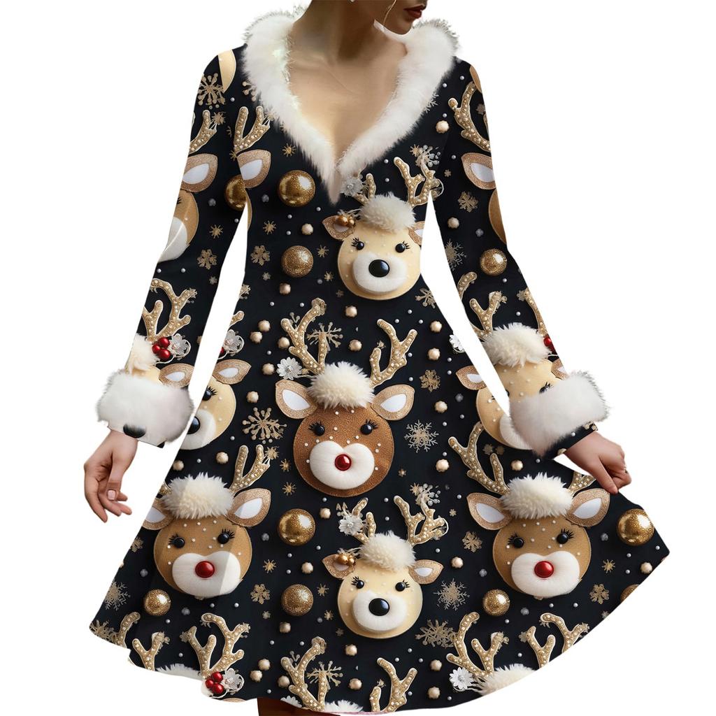 Women's Casual V-neck Christmas Print Plush Long-Sleeve Casual Dress