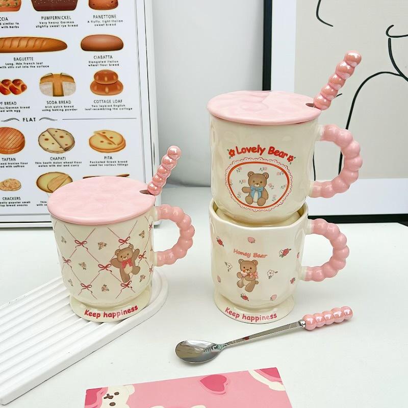 Cute High Value Cartoon Bear Mug with Lid Spoon Ceramic Water Cup for Girls Practical Birthday Gift for Friends