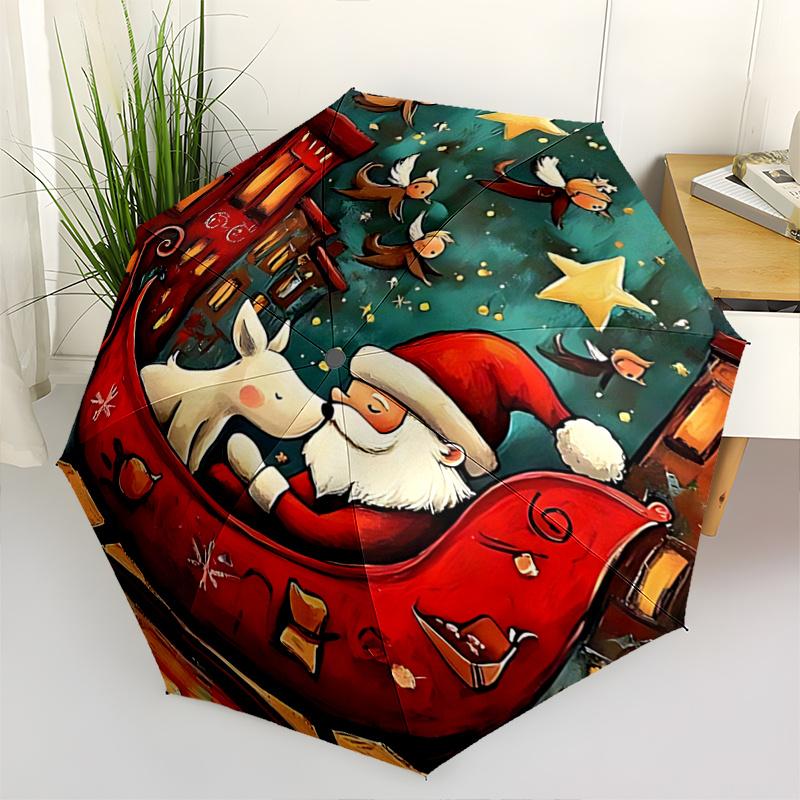 1pc Christmas Santa Claus & Reindeer Sleigh with Angels Automatic Opening Umbrella, Portable 3-Fold Design, 8-Bone Iron Frame Outdoor Umbrella, F
