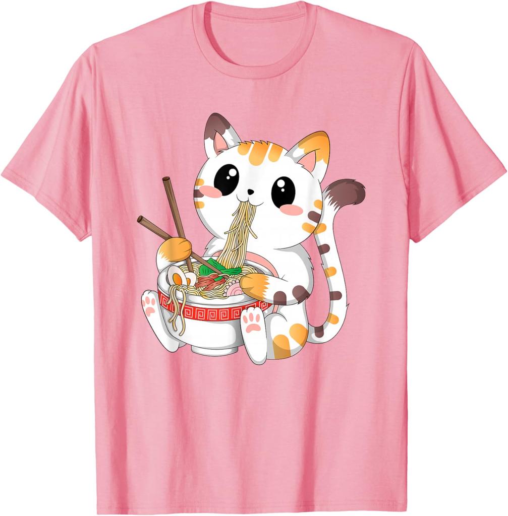 Cute Ramen Eating Kawaii Cat Graphic Tee Anime Neko Lovers Casual Cotton T-Shirt