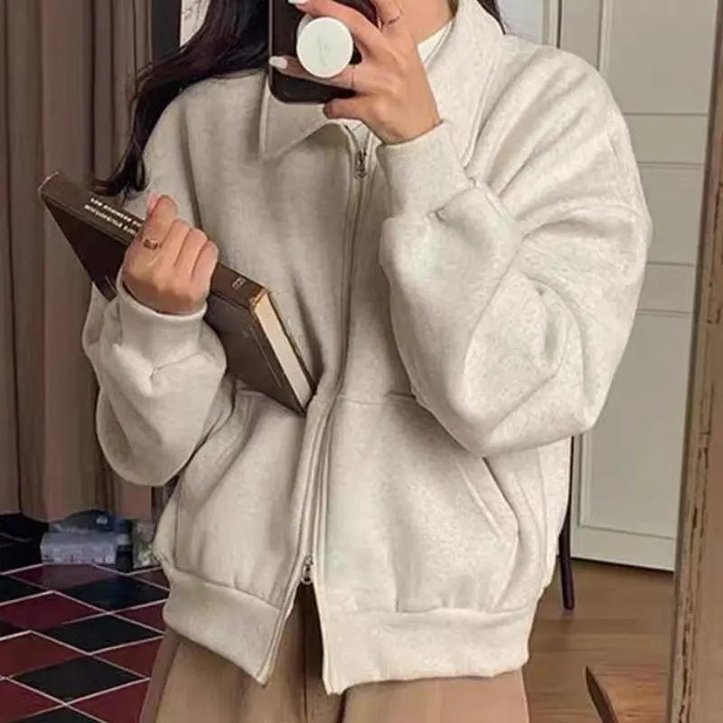 

Design Long-sleeved Jacket Autumn Winter American Short Light Gray Top Double Zipper Sweatshirt Cardigan Women s L бежевый