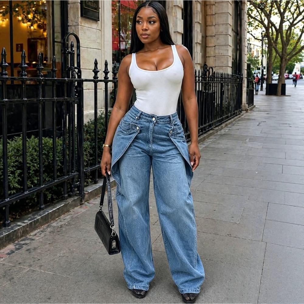 Jeans Larghi da Donna a Vita Alta con Bottoni, Patchwork, Tasca a Pattina Asimmetrica, Denim Lavato, Pantaloni Lunghi Casual Streetwear