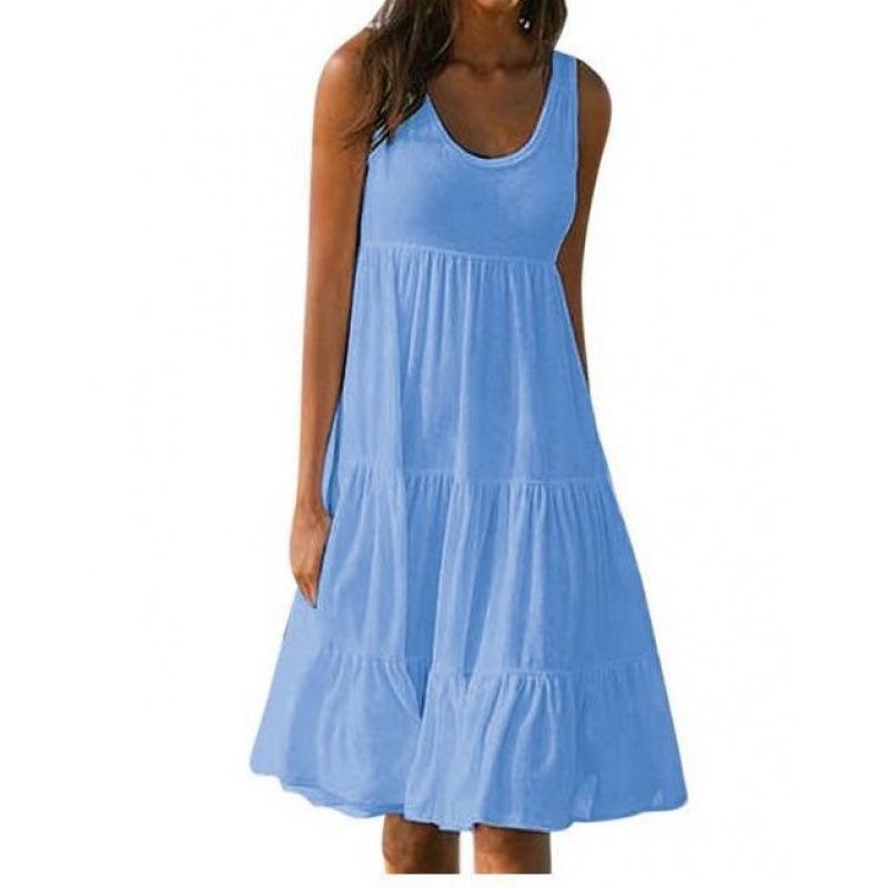 Women's Sleeveless Round Neck Spliced Beach Dress, 7 Colors, 8 Sizes