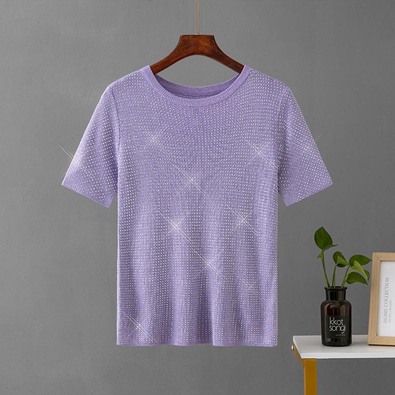Summer Womens Fashion Basic Knitted T-shirts Female Solid Diamond Round Neck Bottoming Short Sleeve Loose Pullover Tops Solid T-shirts
