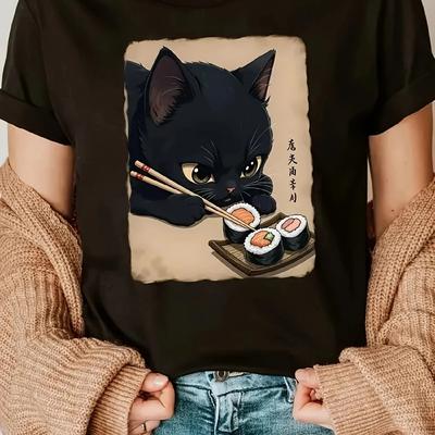 Cat and Sushi Graphic T-Shirt] Women'S Graphic T-Shirt Casual Crew Neck Short Sleeves Cat and Sushi Print Women Clothing