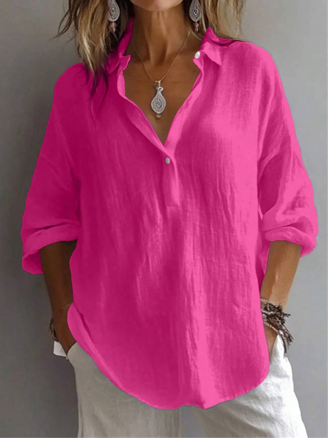 Women's Loose Fit V-Neck Casual Shirt with Single Button Detail