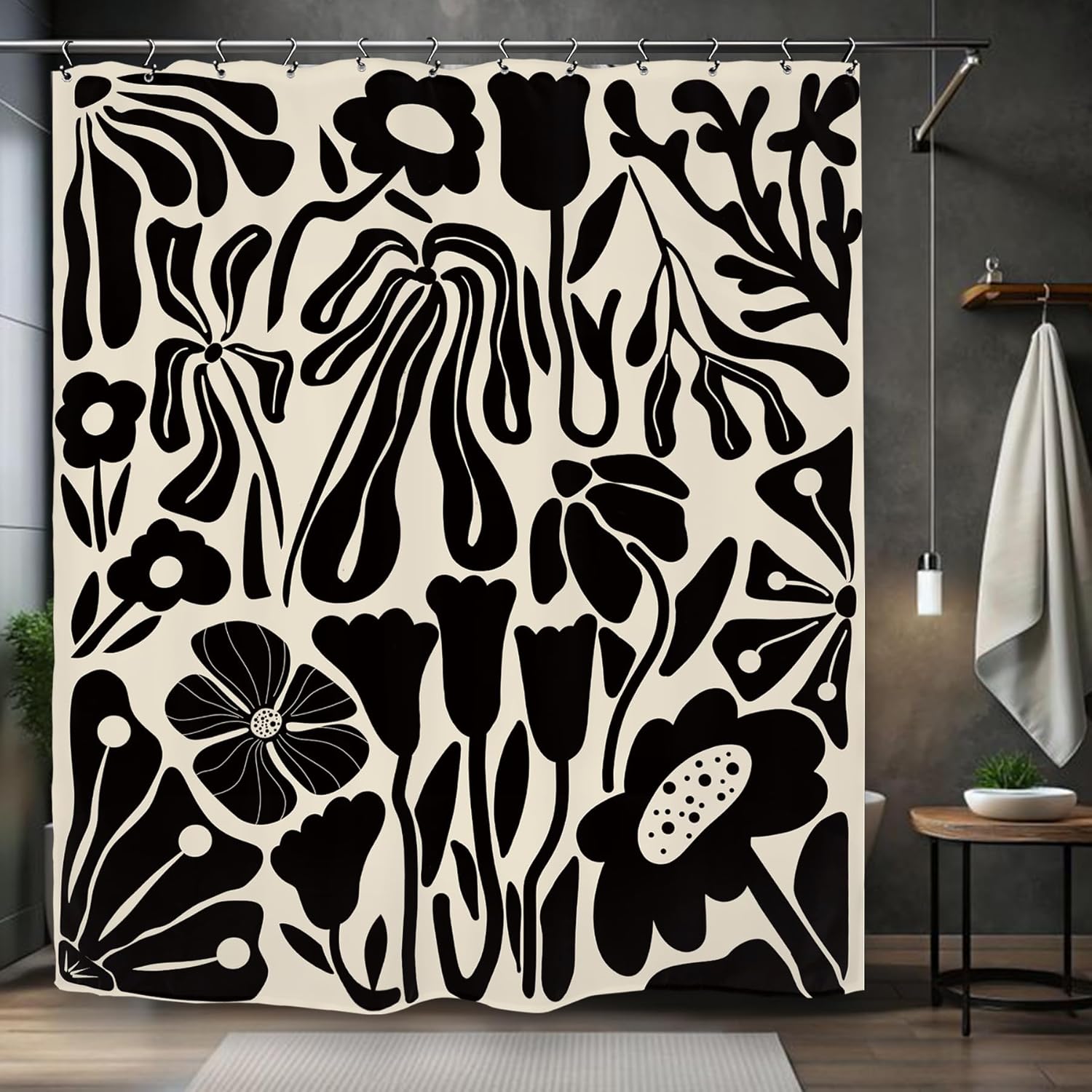 

Black White Abstract Floral Shower Curtain 72X72 Inches Modern Boho Style Bathroom Decor With Bold Patterns W60H190(CM)-1 Pcs