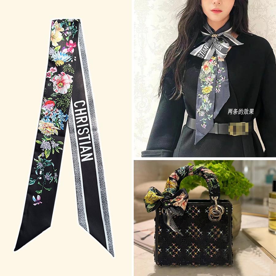New D Home Flower Long Silk Scarf Simulation Silk Small Ribbon Premium Scarf Headband Tie Bag Handle Ribbon Female 80-100cm