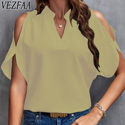 Women's Fashion Casual Summer Spring Solid Color Print Short Sleeve V-Neck Blouses & Shirts