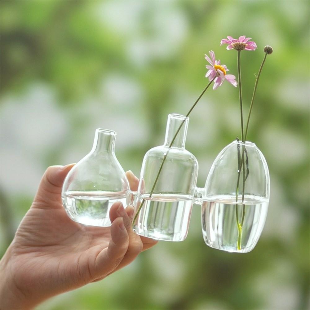 Transparent Glass Vase Triple Connected Floral Bottle Hydroponic Vase Flower Holder Minimalist Plant Terrarium