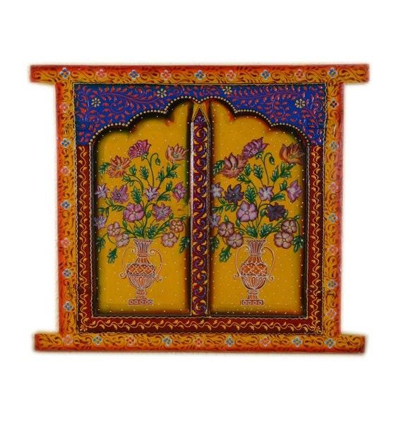 Hand-Painted Wooden Jharokha: Antique Indian Window Wall Decor