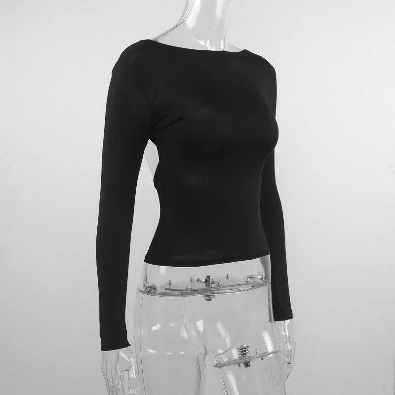 Rückenfreies, sexy schwarzes High-Street-T-Shirt für Damen, aushöhlen, lange Ärmel, Crop-Tops, weiblich, lässig, Streetwear, figurbetont, modisch, solide Grundkleidung 2024