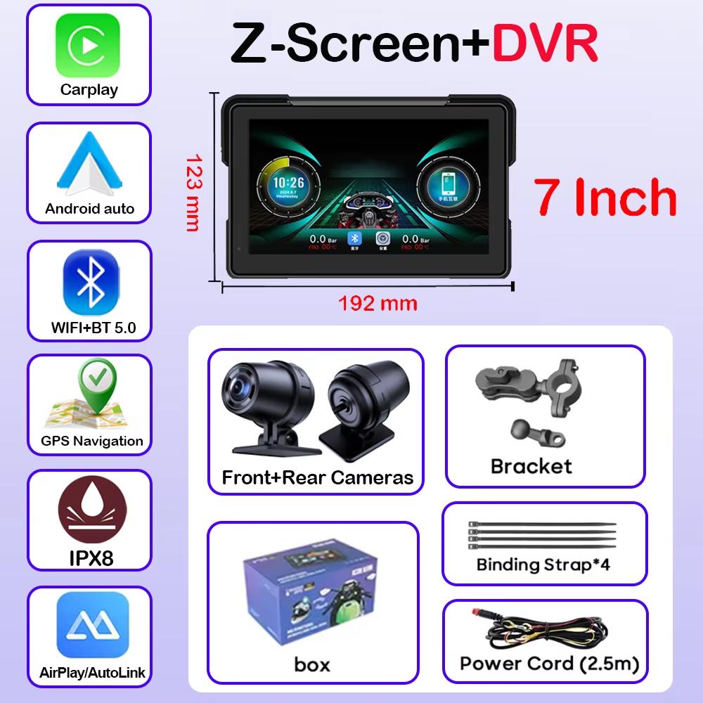7 Inch Portable GPS Navigation Motorcycle Waterproof Display Moto Wireless Carplay Android Auto Dual DVR Monitor Dash Cam