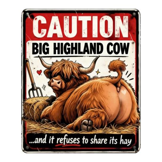 Farmhouse Highland Cow Tin Sign Funny Warning Metal Sign Rustic Retro Wall S A