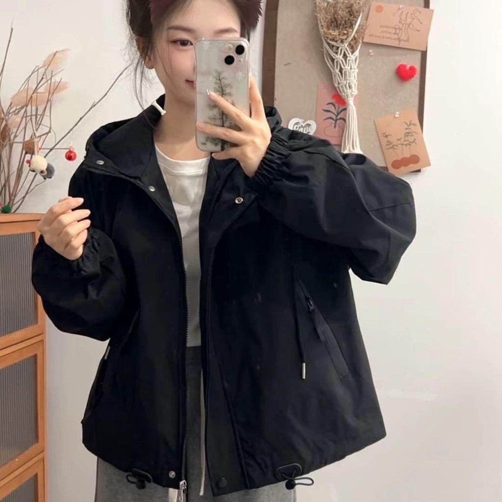 2025 Spring-Autumn Hooded Petite Windbreaker Jacket - Loose, Versatile, and Stylish Workwear Top