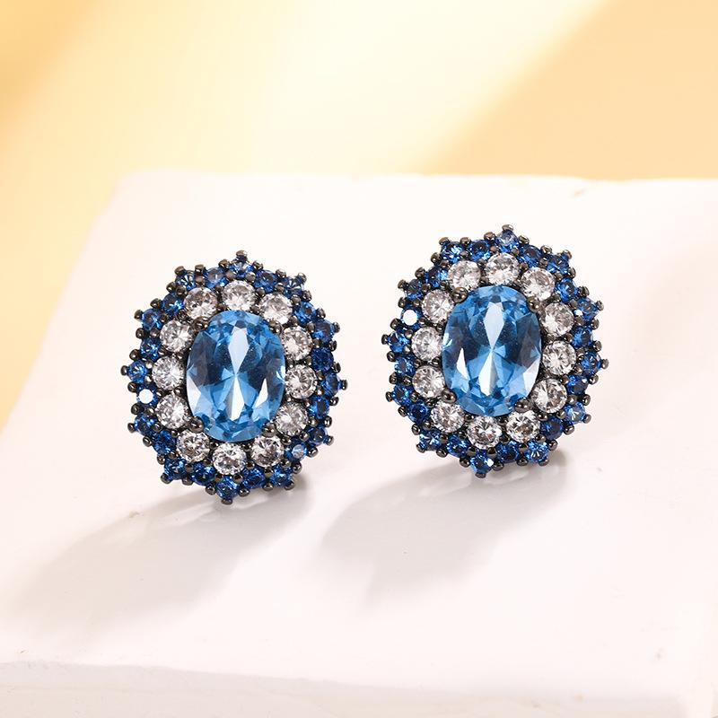 Bijoux Fond Cuivre Plaqué Or Simulé Spinelle Bleu Ovale Or Noir Ensemble Pierre Héroïne 6 * 8