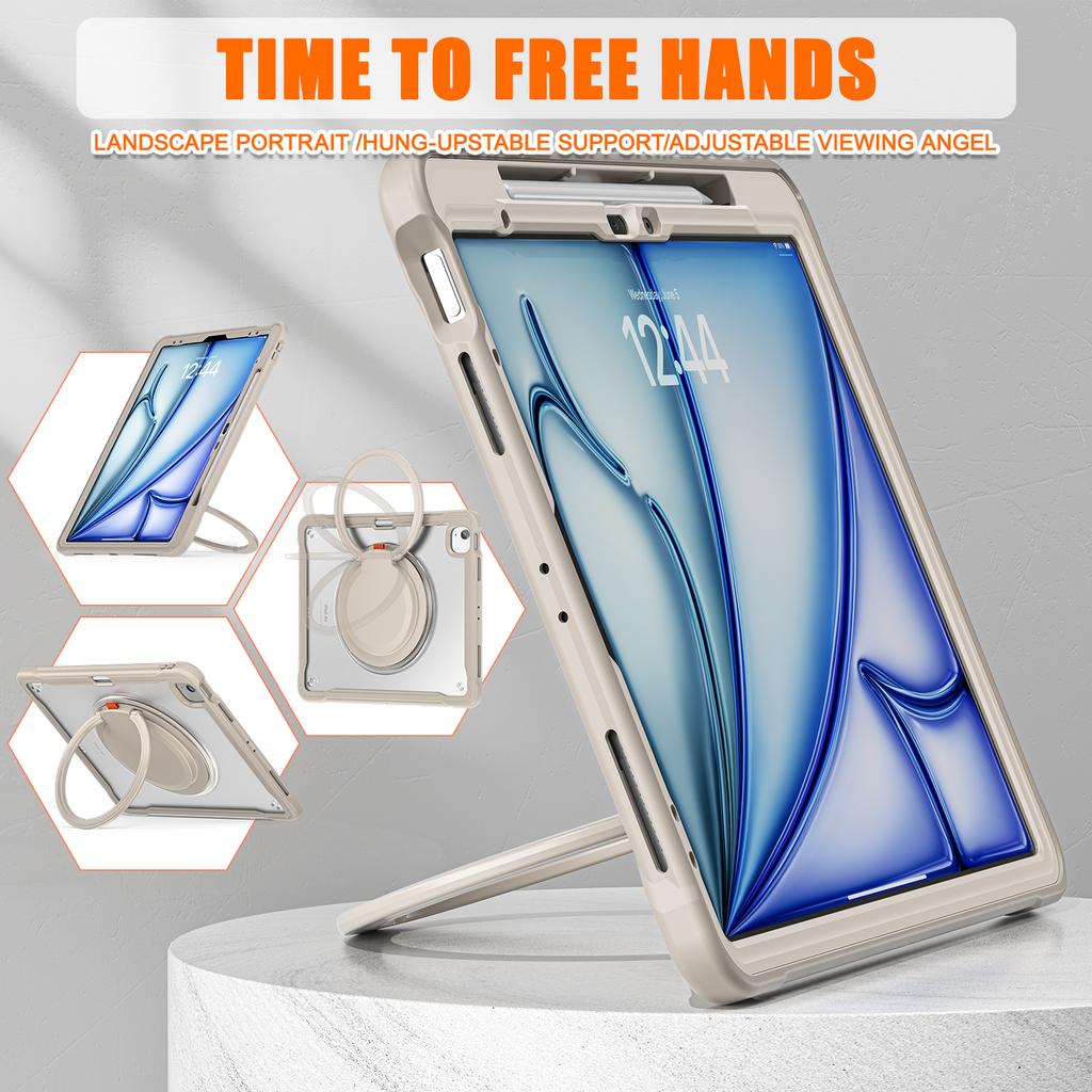For iPad Air 13 (2025)/(2024)/Pro 12.9 (2022)/(2021)/(2020)/(2018) Case Rotary Kickstand PC+TPU+Silicone Tablet Cover