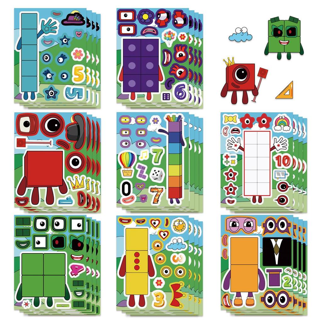 8PCS Number Block Puzzle Stickers, Cute Cartoon DIY Make a Face Decals for Notebook Laptop Scooter, Creative Vinyl Art Stickers