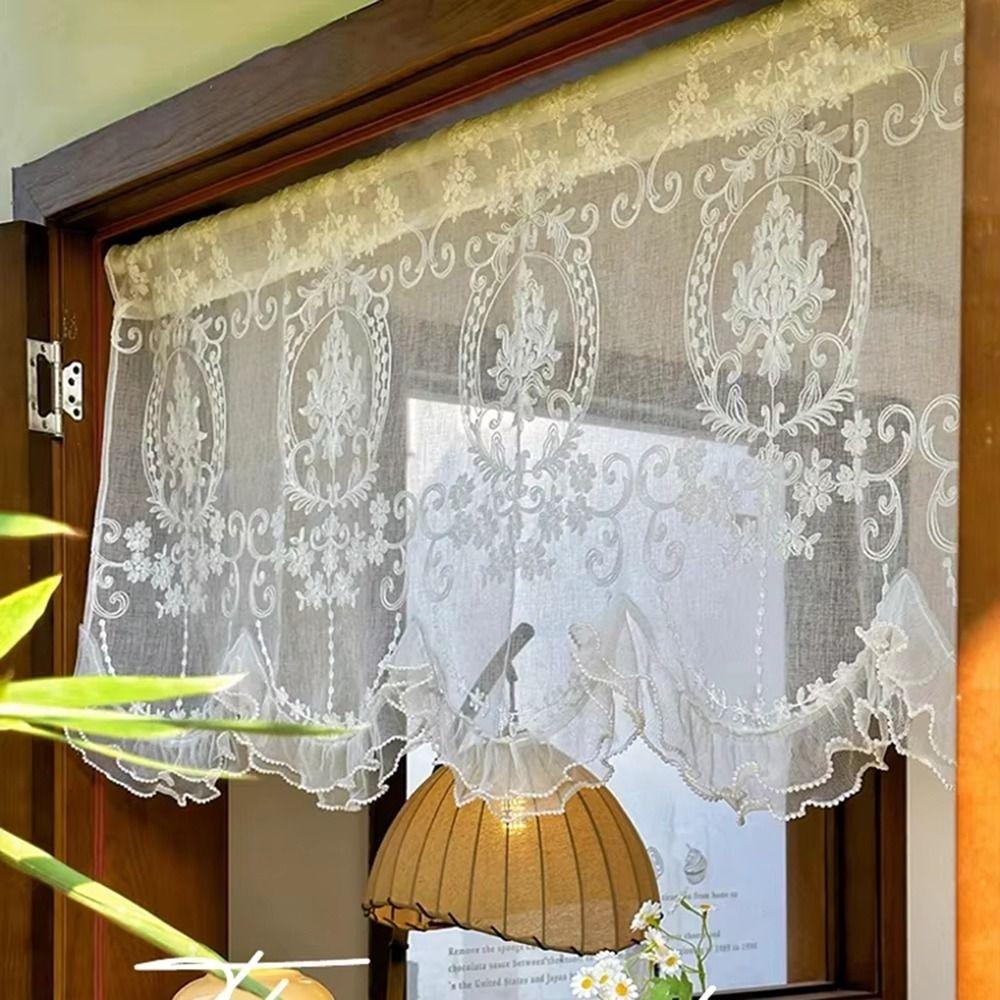 Double Pearls Lace Bottom Ruffled Lace Short Sheer Curtain Floral Short Tulle Drapery  Balcony