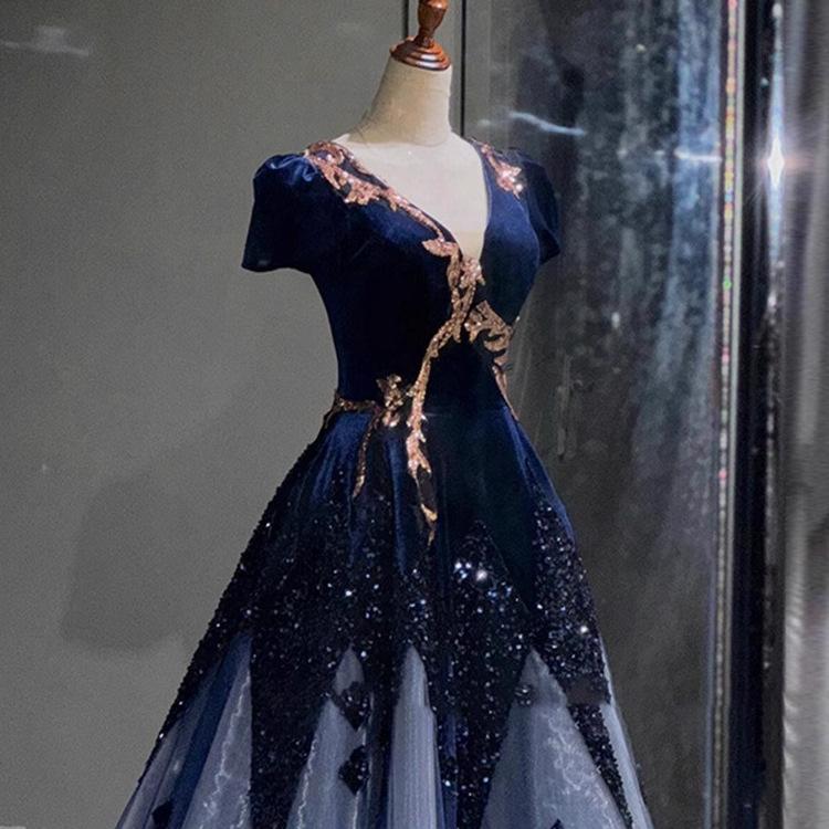 Abito ospite blu di alta gamma lusso leggero di nicchia per banchetto performance corale femminile paillettes bel canto abito da solista