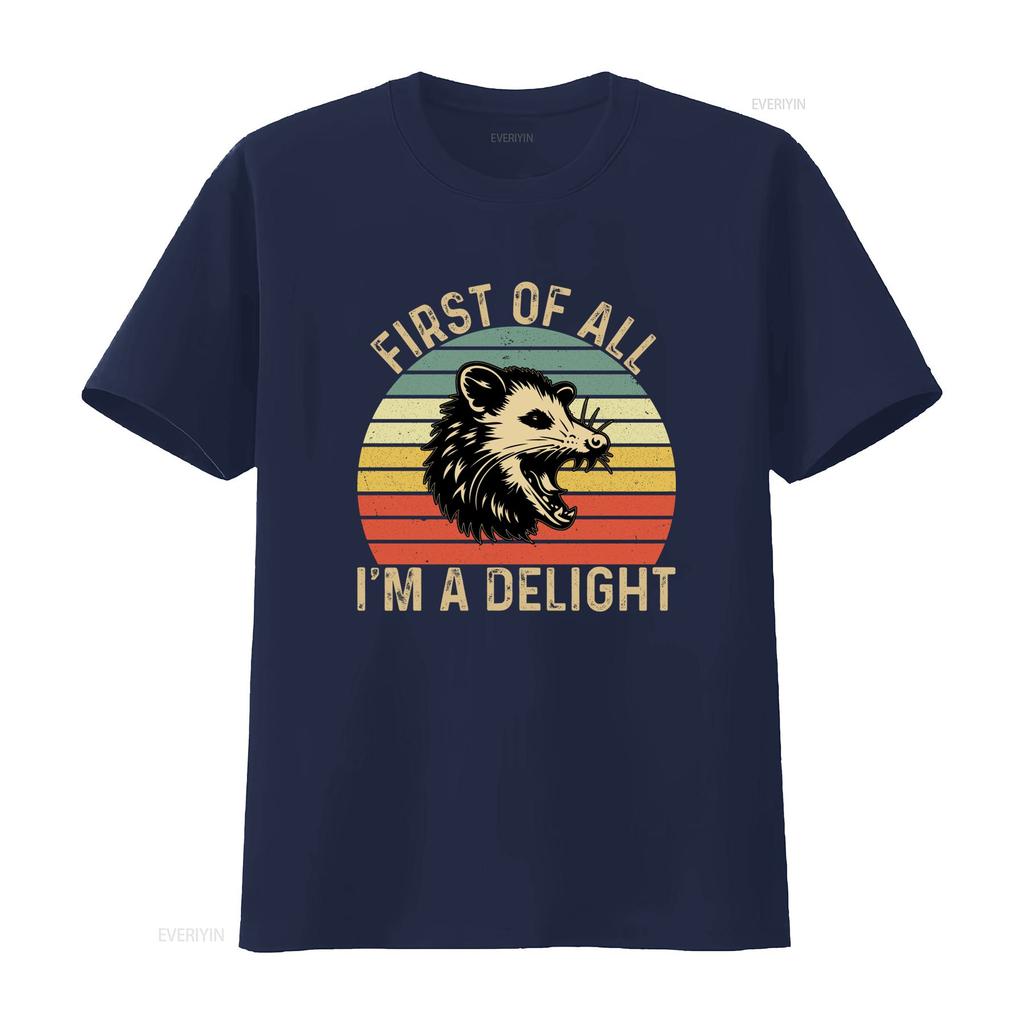 Retro Vintage Funny Opossum First Of All Im A Delight Slogan Sunset Print Casual T Shirt vintage Washed Slightly