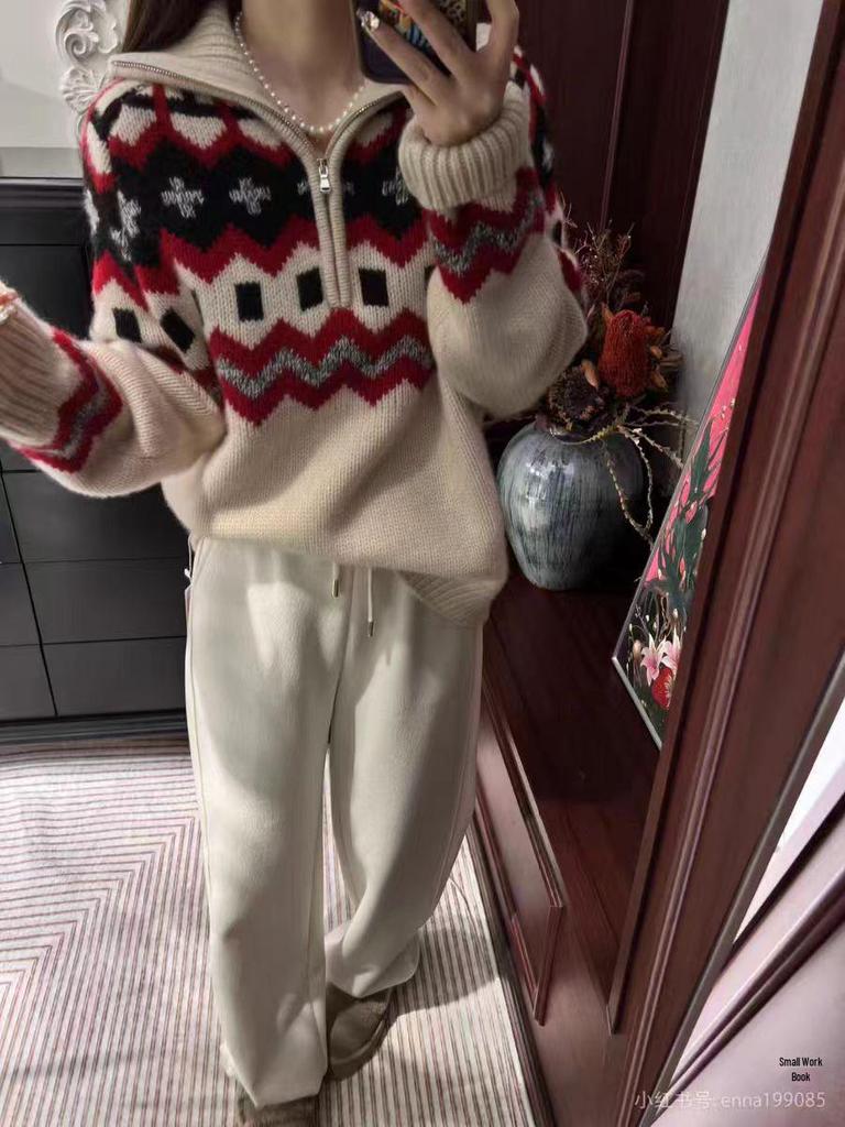 Women's Retro Fair Isle Wool Pullover - High Neck, Half Zip, Red, Thick for Autumn/Winter