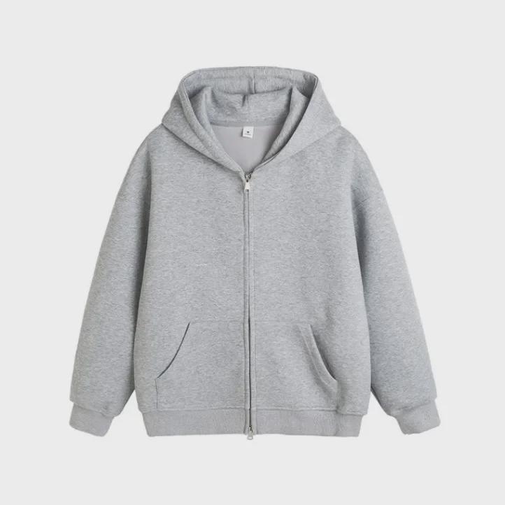 Unisex Retro Gray Hooded Sweatshirt with Double Zipper - Perfect for Spring & Autumn
