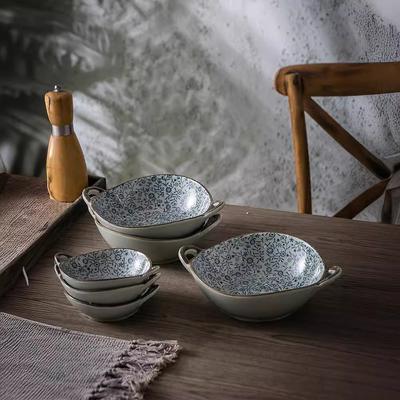 YWDL 250/900ml Ceramic Salad Bowl With Handle Kitchen Soup Noodle Bowl Fruit Plate Japanese Tableware Microwave Pan Dropshipping