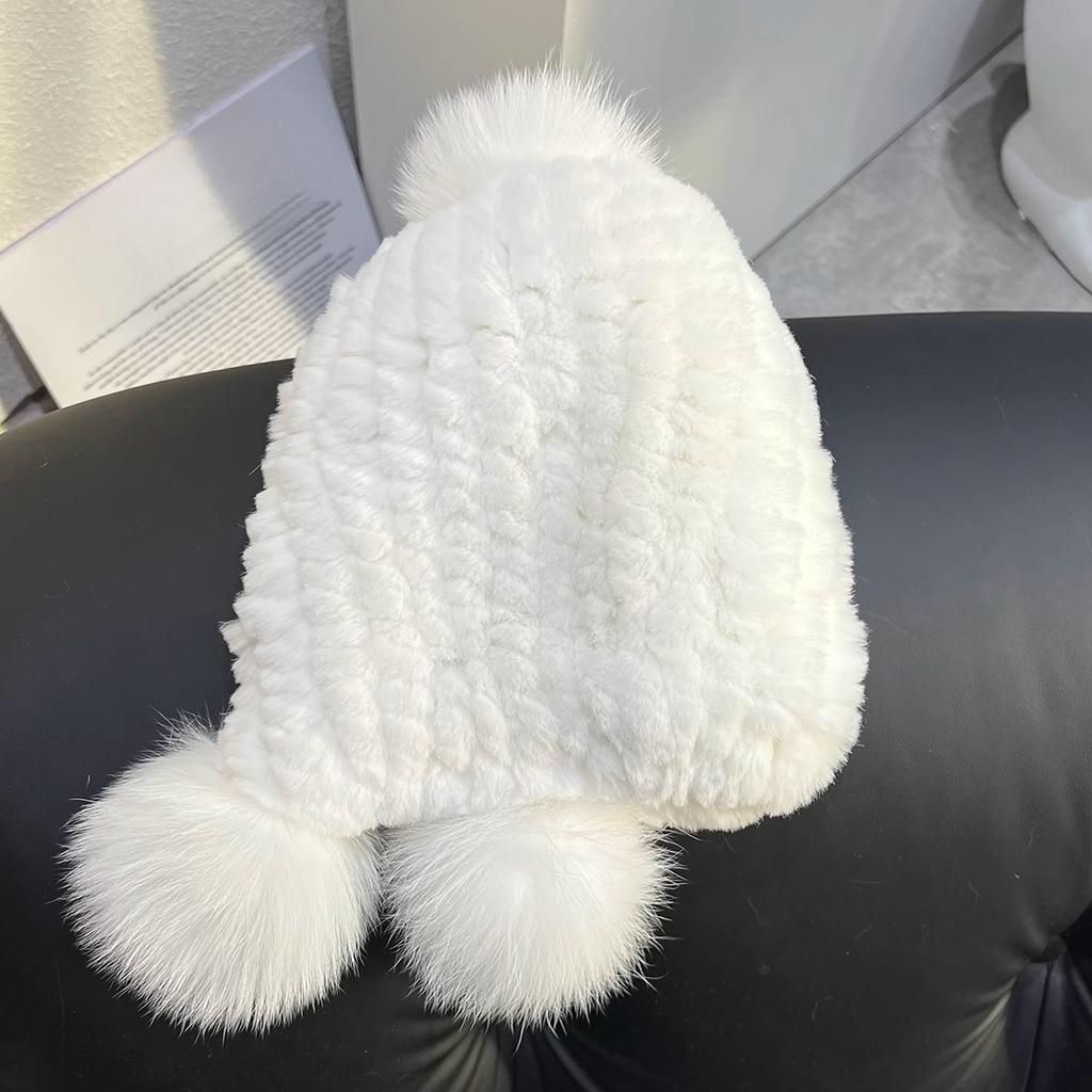 Girl Cute Real Rex Rabbit Fur Hat Big Fox Hairball Head Hat Thickened Warm Ear Hat Winter