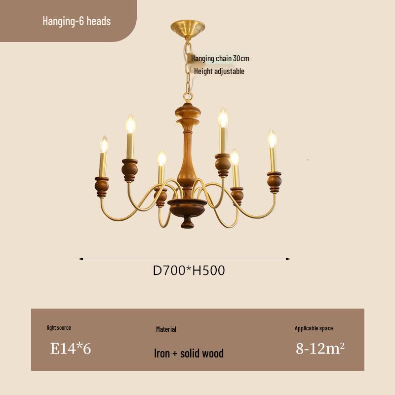 Mid-Century French Retro Candle Chandelier - Solid Wood, Ideal for Living Rooms, Dining Areas, and Bedrooms