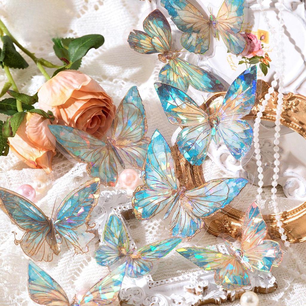 Momo PET Sticker Pack: Unbounded Butterfly Series - 3D Ice Crystal Laser Gold Butterfly Stickers