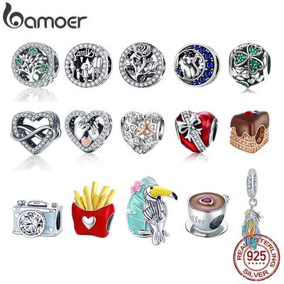 Bamoer 925 Silver Family Charm Heart Shape Beads Fit Bracelet Bangle for Women Family Gifts Jewelry Making